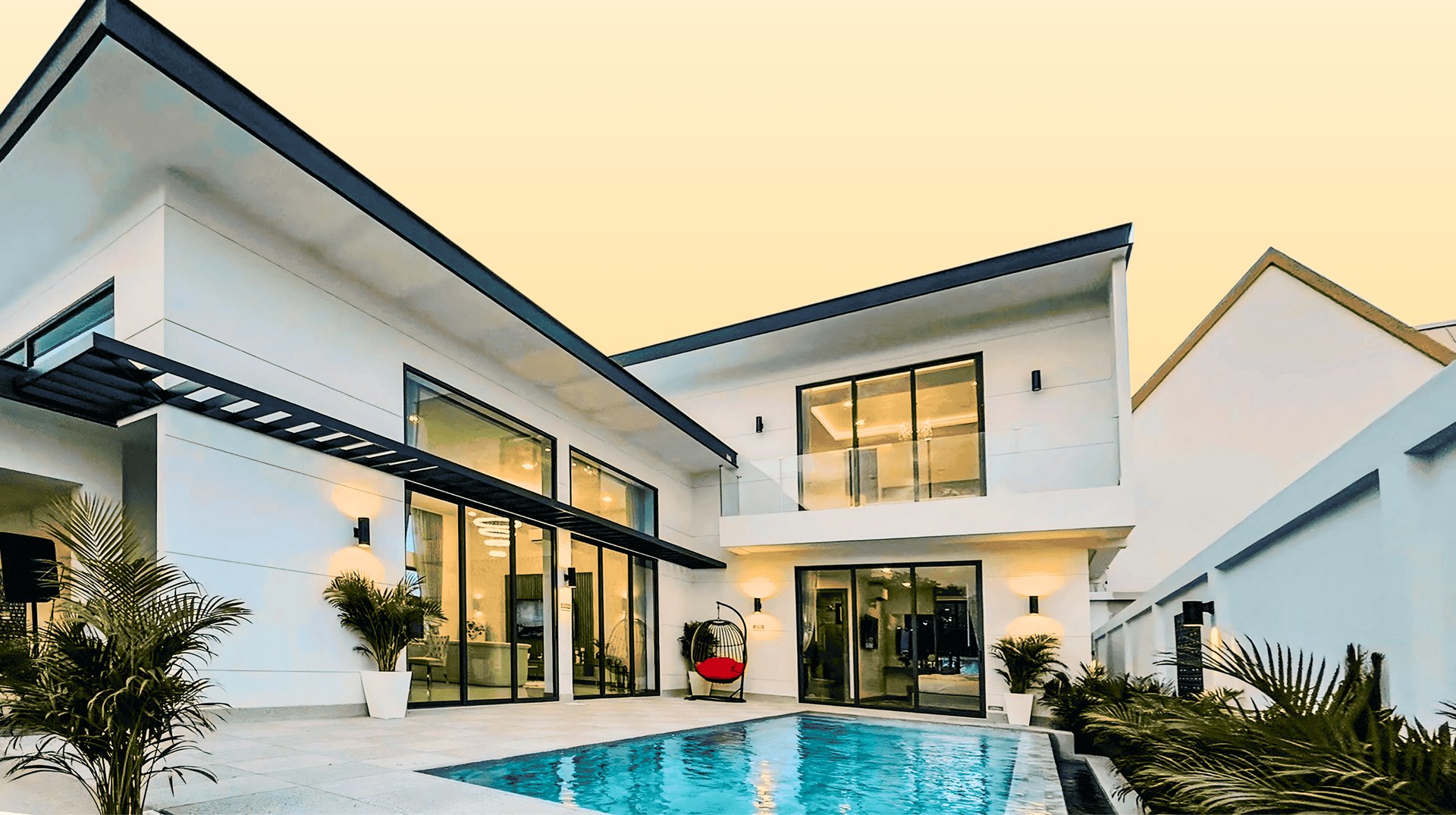 Layan Chak Nok villa with private pool at sunset, Pattaya